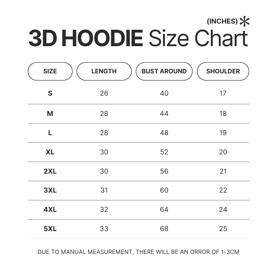 3D Hoodie Size Chart - Cobra Kai Merch